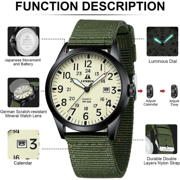 Men's Military Field Watch, Analog Quartz, Waterproof, Nylon Band, Sports Watch - Picture 7 of 9
